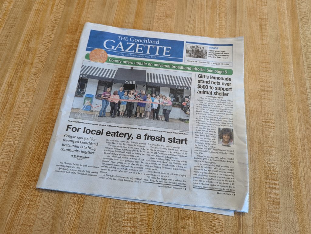 front page article in the goochland gazette about the goochland restaurant