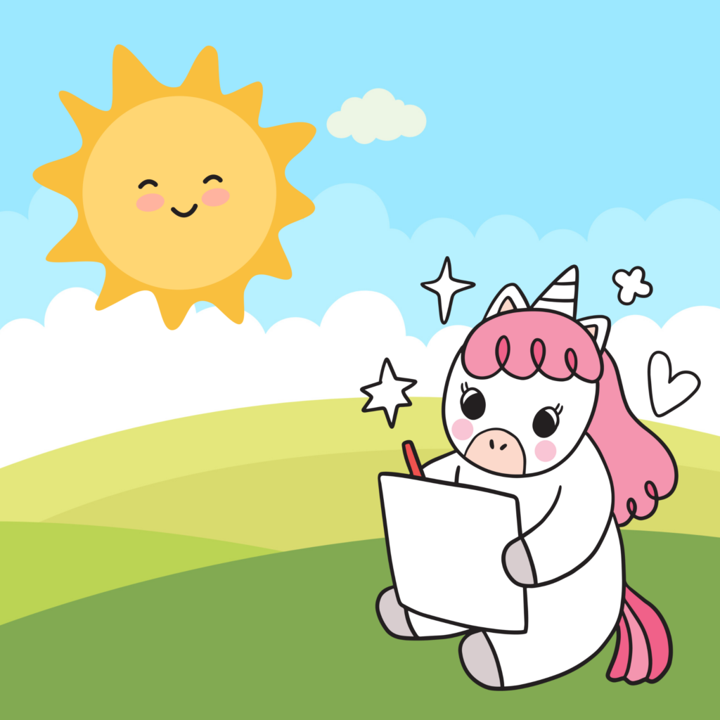 a colorful cartoon unicorn writing on paper representing christine writing daily encouragement