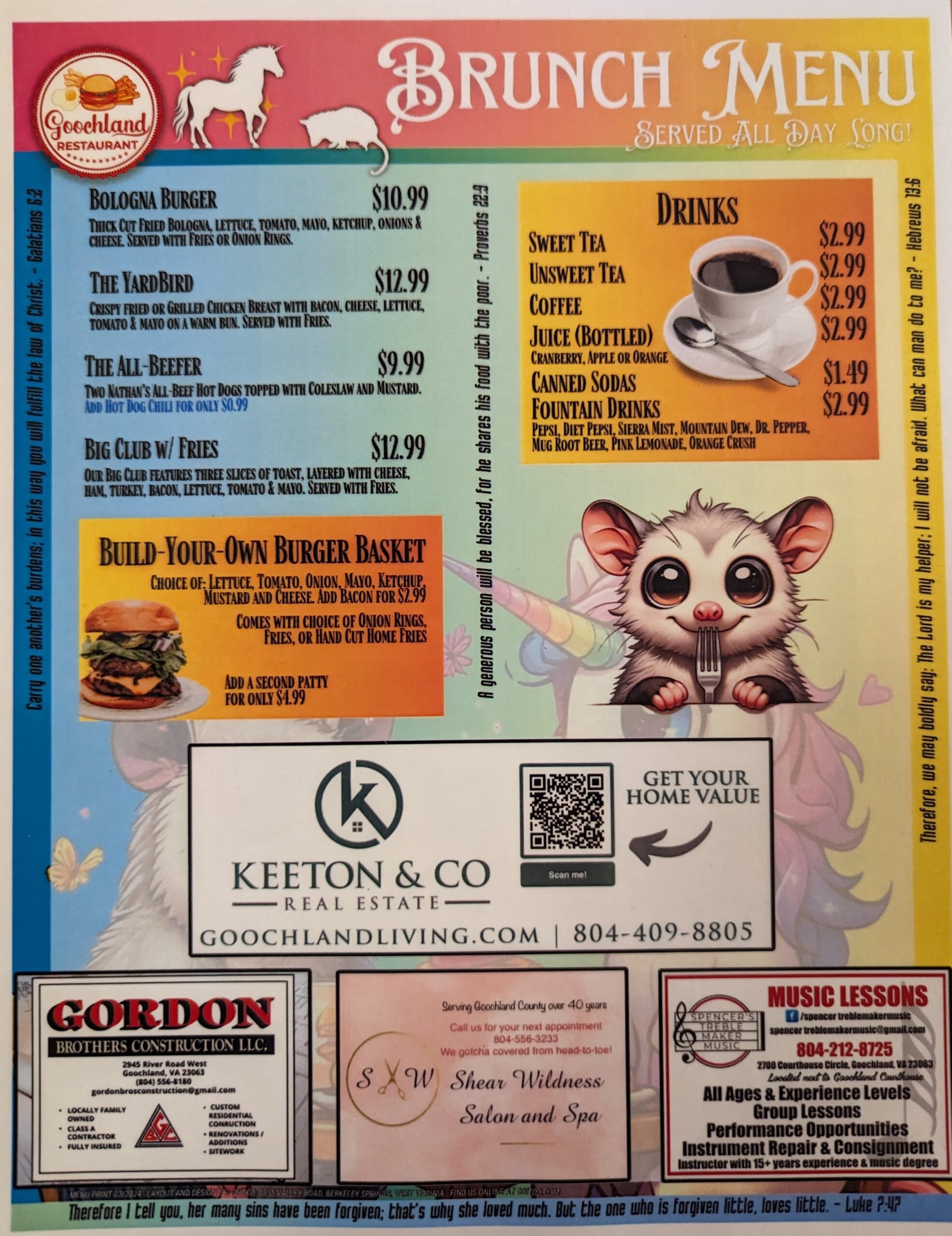 back side of the brunch menu at the goochland restaurant as of 4-20-2024