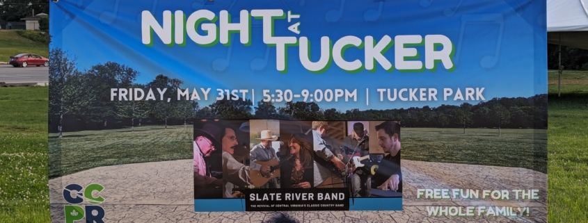 colorful banner that says night at tucker and slate river band may 31st 2024 at tucker park