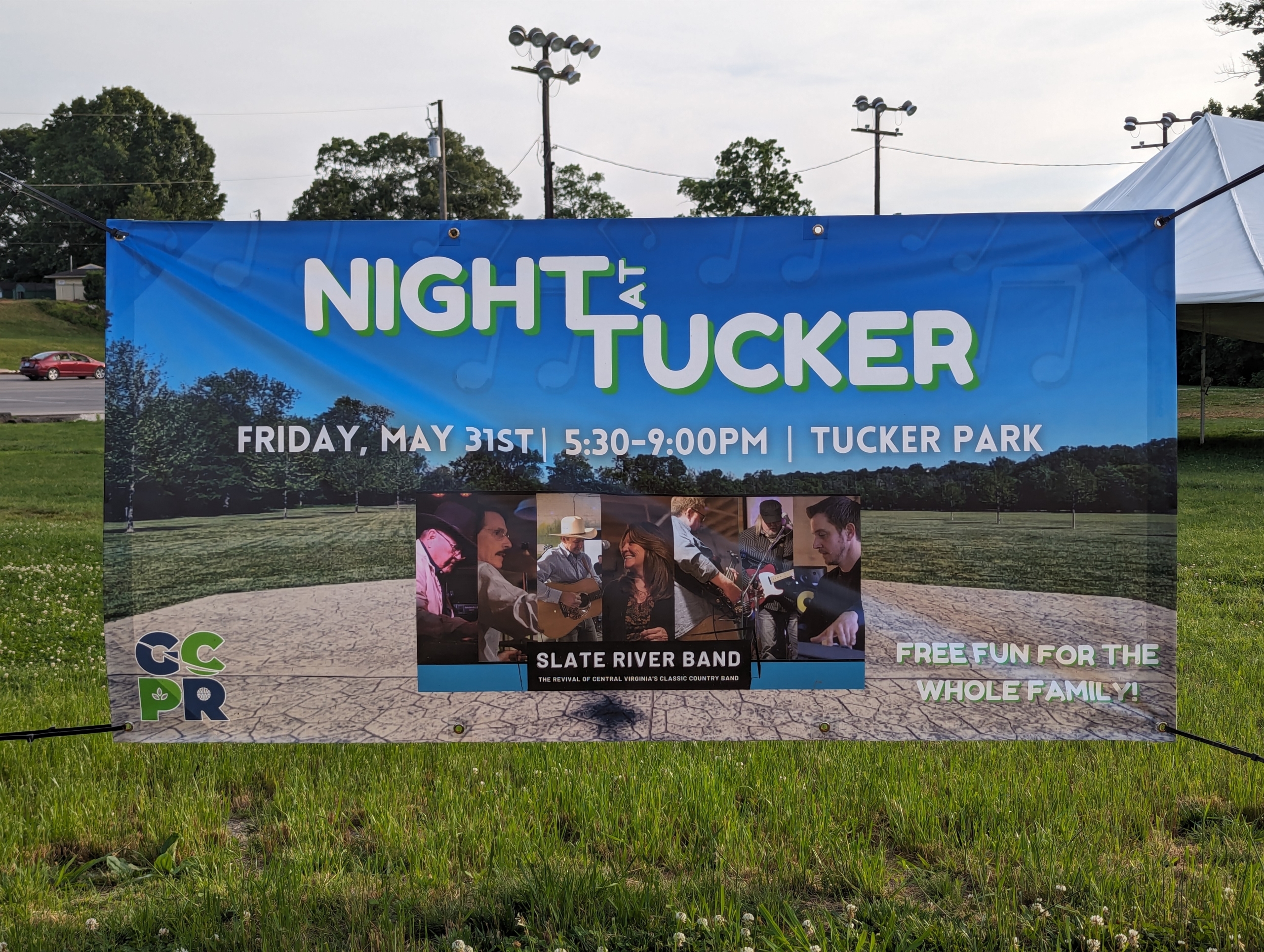 colorful banner that says night at tucker and slate river band may 31st 2024 at tucker park