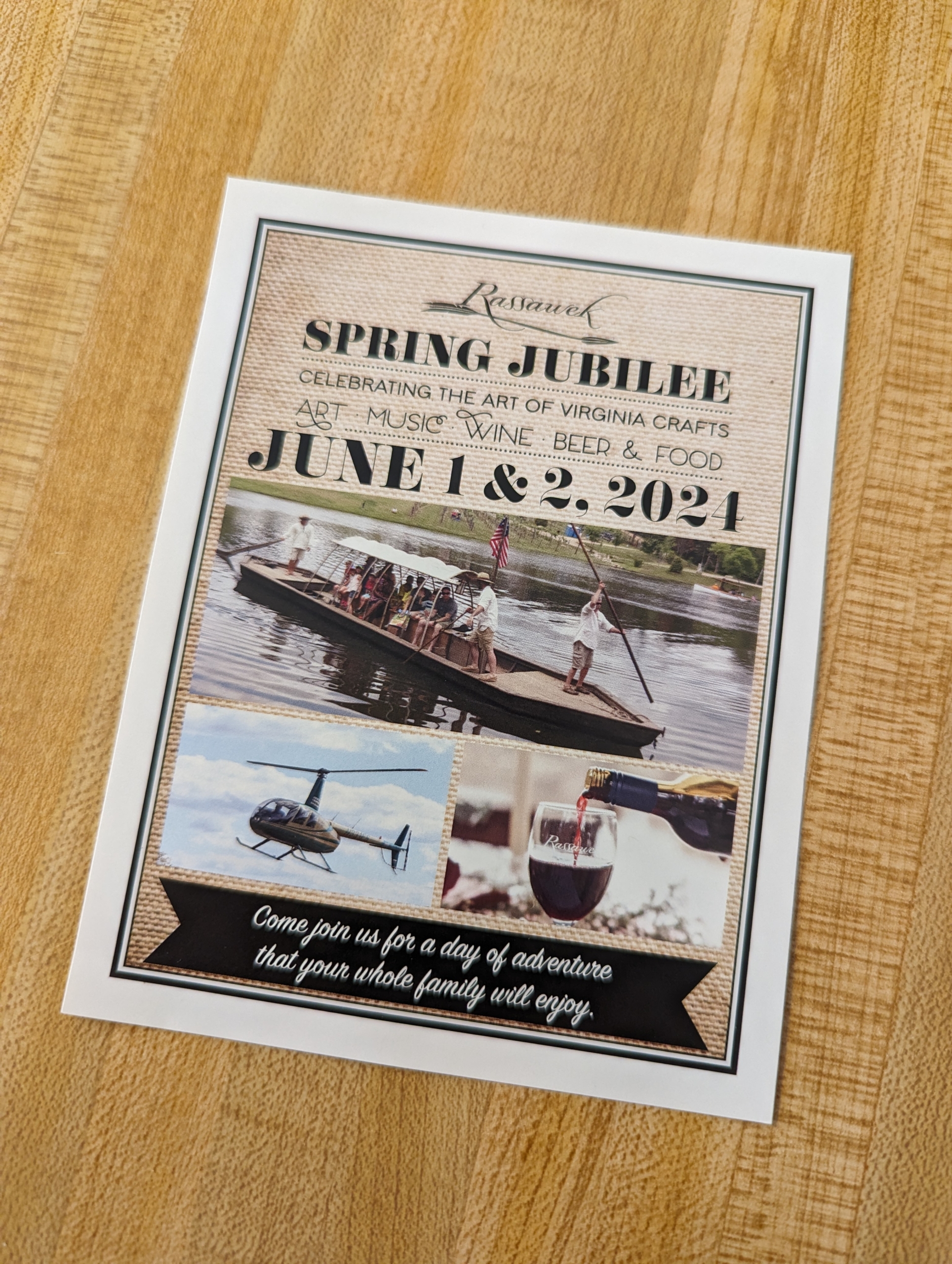 flyer for rassawek spring jubilee 2024 featring pictures of batteaux rides helicopter rides and wine tasting