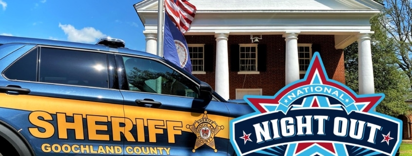 National Night Out logo over image of goochland counth sheriffs car parked at the goochland courthouse