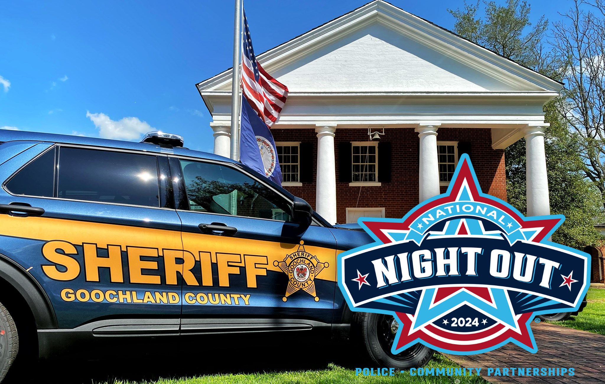 National Night Out logo over image of goochland counth sheriffs car parked at the goochland courthouse