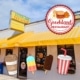 pictures of ice creams soda pop and coffee over an image of the front of the goochland restaurant with the goochland restaurant logo