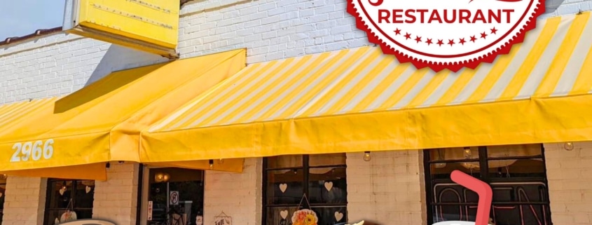 pictures of ice creams soda pop and coffee over an image of the front of the goochland restaurant with the goochland restaurant logo