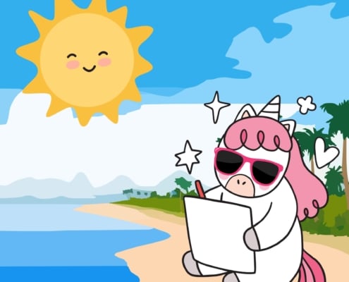 unicorn wearing sunglasses writing while sitting on a beach with the sun shining down