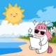 unicorn wearing sunglasses writing while sitting on a beach with the sun shining down