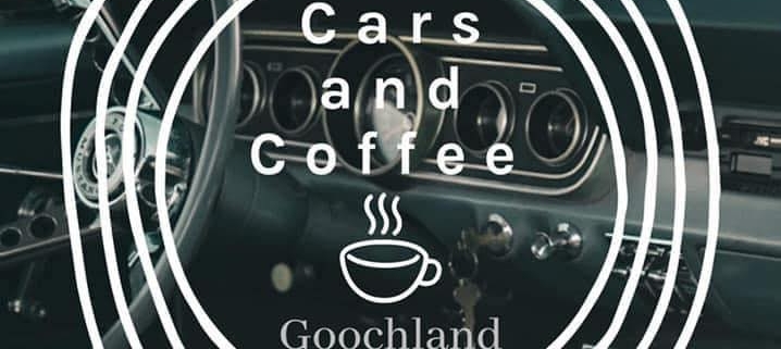 goochland cars and coffee banner with logo over an old car interior for august 17th 2024