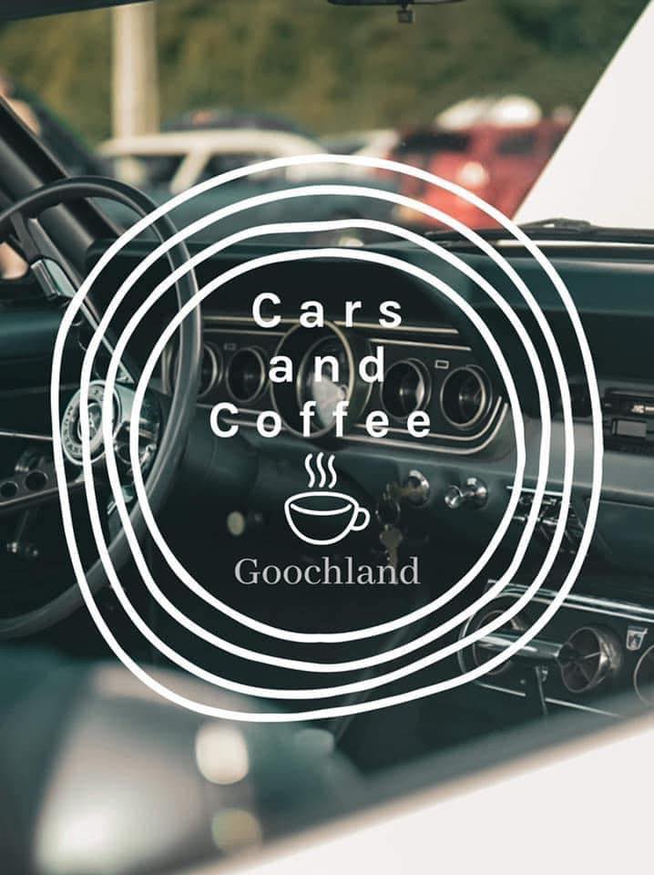 goochland cars and coffee banner with logo over an old car interior for august 17th 2024