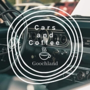 cars and coffee logo for goochland car meet group over picture inside of old car for the september 21 event