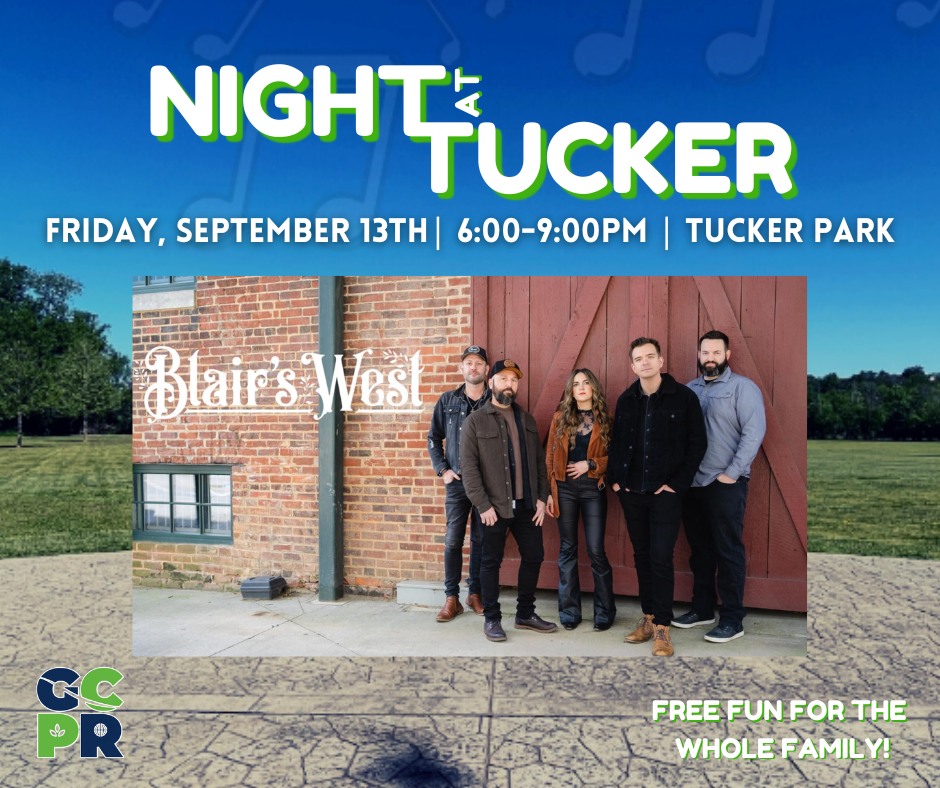 banner with title at top of "night at tucker" with a picture of blairs west band and the date september 13th 2024 from 6 to 9pm