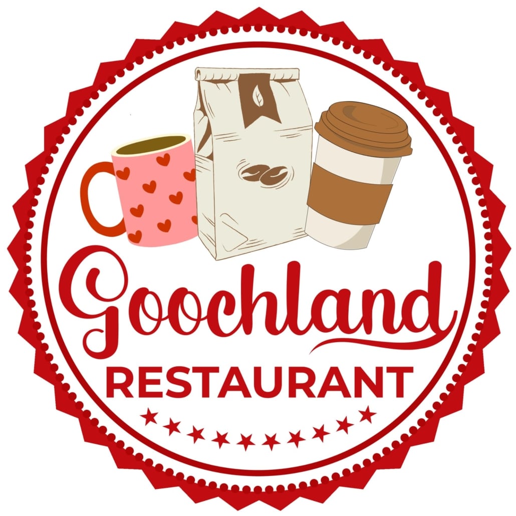 Goochland restaurant coffee logo featuring a coffee mug, coffee beans in a bag and a to go coffee cup