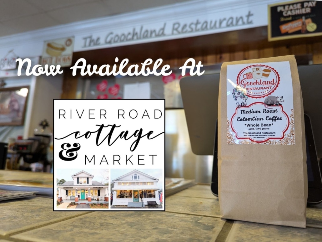 river rd cottage logo over image of counter in restaurant with bag of whole coffee beans branded goochland restaurant coffee