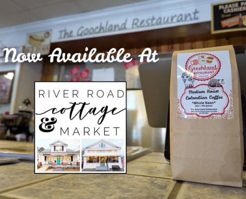 river rd cottage logo over image of counter in restaurant with bag of whole coffee beans branded goochland restaurant coffee