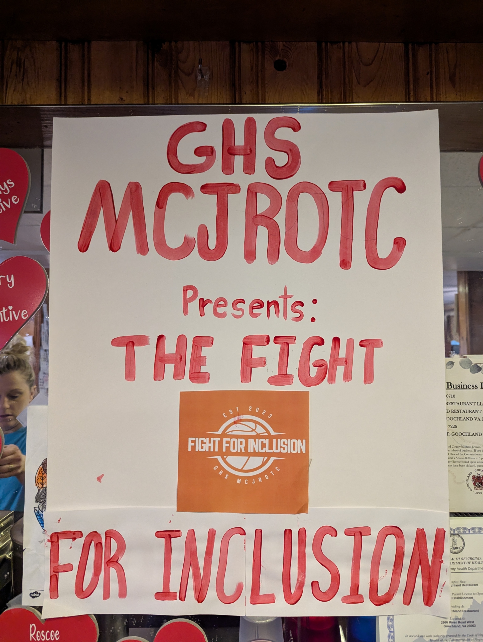 hand made sign for the ghs mcjrotc the fight for inclusion fundraiser