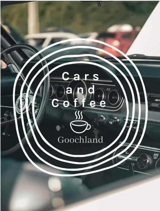 goochland cars and coffee logo over antique vehicle interior